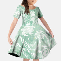 Aloha Hawaii Turtles Floral Family Matching Short Sleeve Bodycon Dress and Hawaiian Shirt Seafoam Marbles Glaze