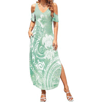 Aloha Hawaii Turtles Floral Family Matching Summer Maxi Dress and Hawaiian Shirt Seafoam Marbles Glaze