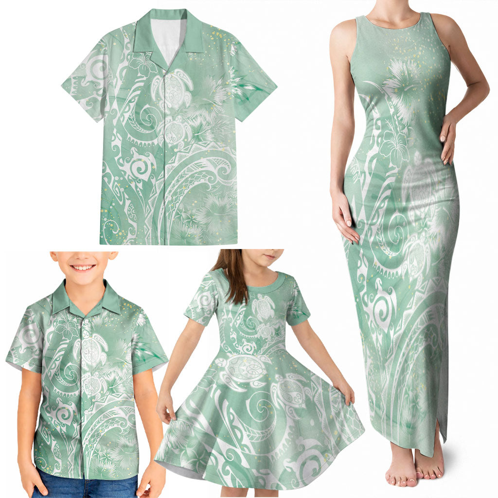 Aloha Hawaii Turtles Floral Family Matching Tank Maxi Dress and Hawaiian Shirt Seafoam Marbles Glaze LT7 - Polynesian Pride
