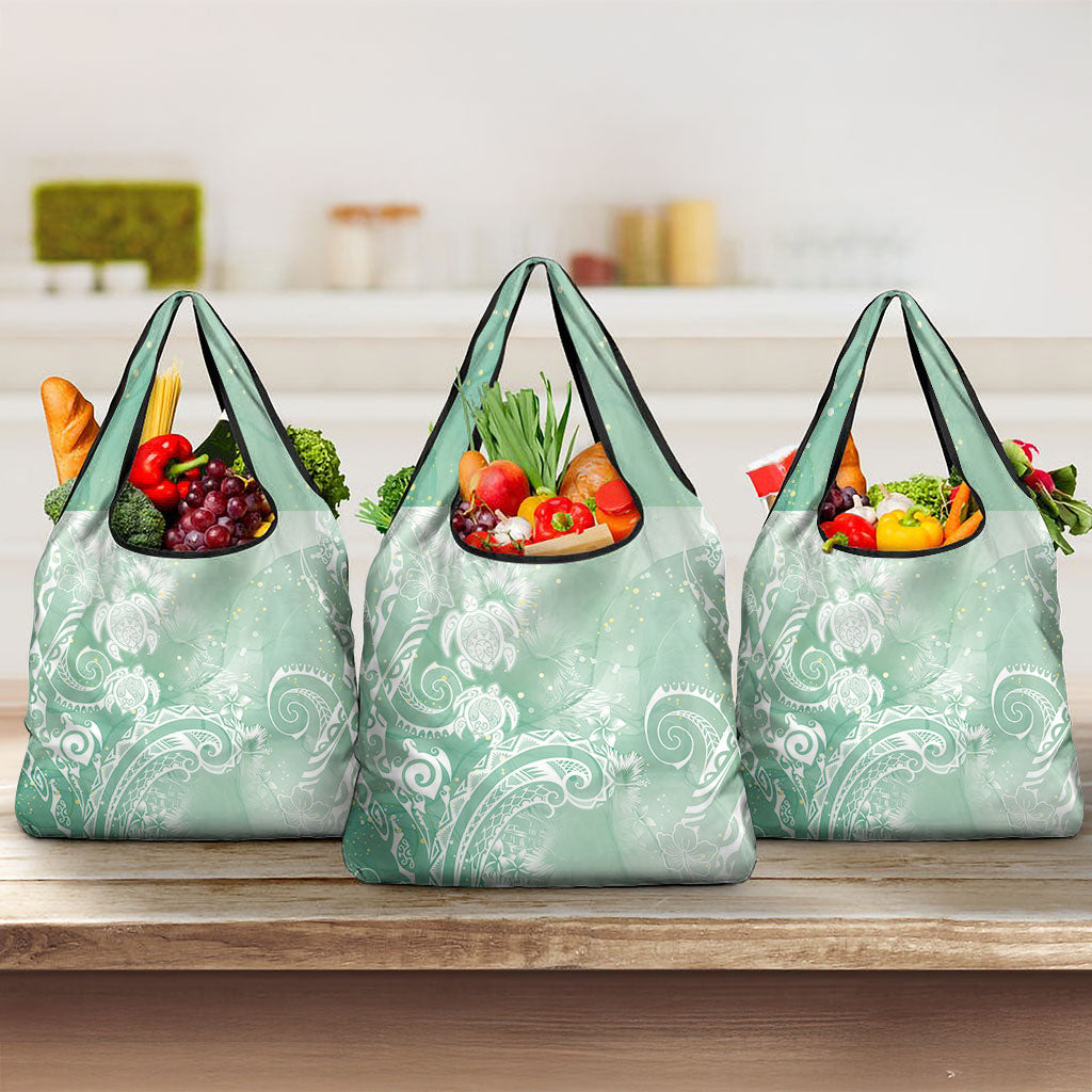 Aloha Hawaii Turtles Floral Grocery Bag Seafoam Marbles Glaze