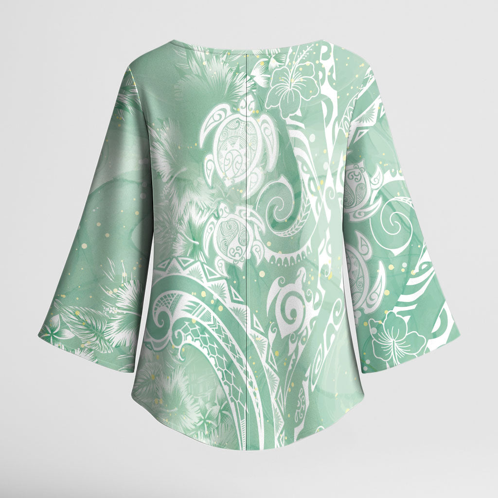 Aloha Hawaii Turtles Floral Kimono Sleeve Blouse Seafoam Marbles Glaze
