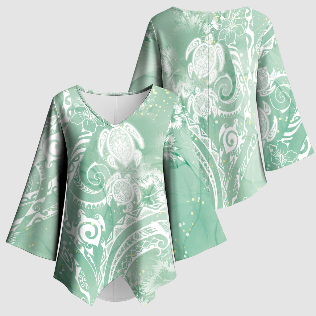 Aloha Hawaii Turtles Floral Kimono Sleeve Blouse Seafoam Marbles Glaze