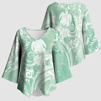 Aloha Hawaii Turtles Floral Kimono Sleeve Blouse Seafoam Marbles Glaze