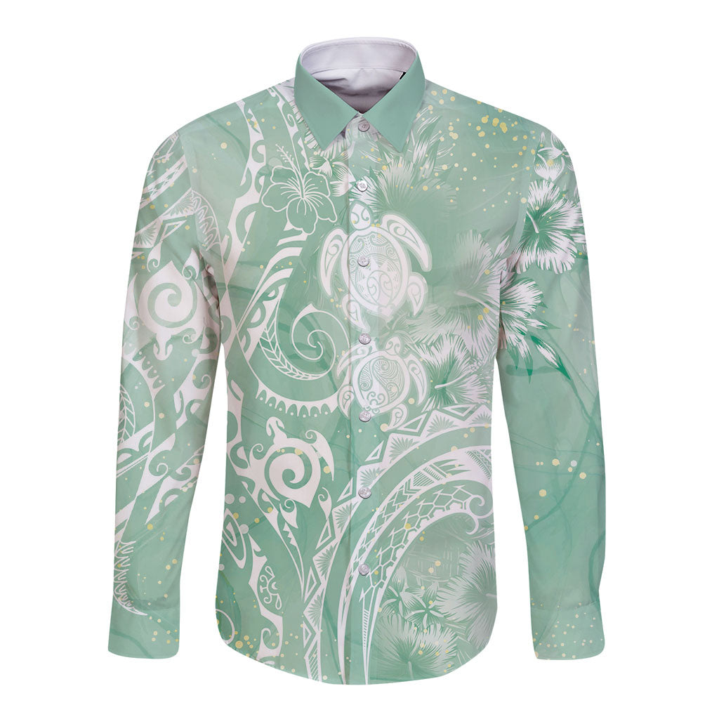 Aloha Hawaii Turtles Floral Long Sleeve Button Shirt Seafoam Marbles Glaze