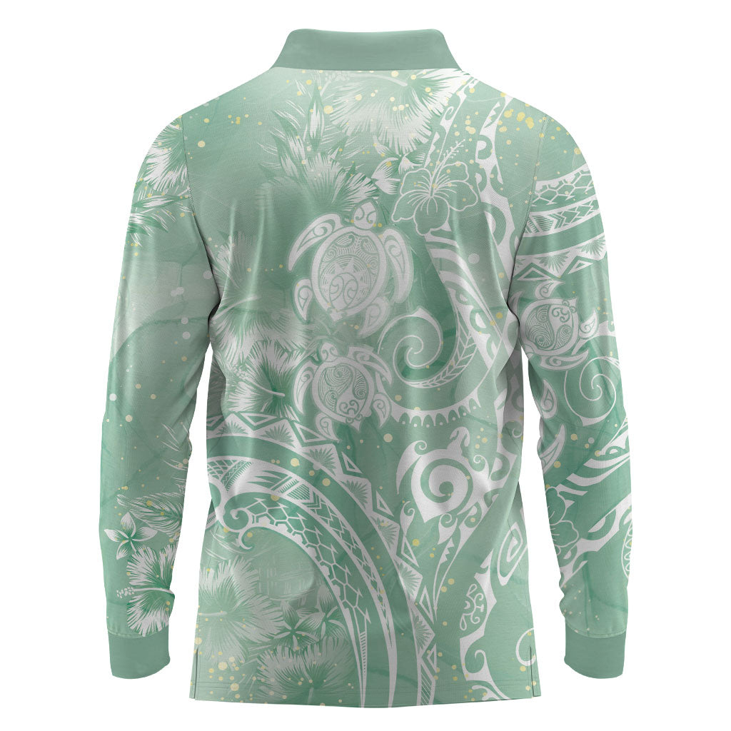 Aloha Hawaii Turtles Floral Long Sleeve Polo Shirt Seafoam Marbles Glaze