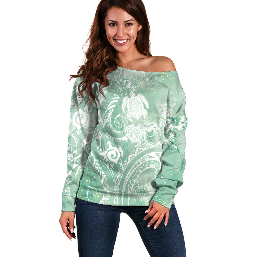 Aloha Hawaii Turtles Floral Off Shoulder Sweater Seafoam Marbles Glaze