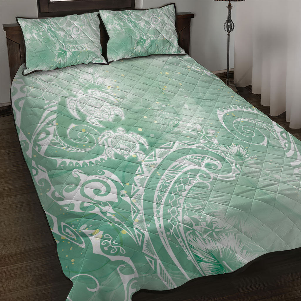 Aloha Hawaii Turtles Floral Quilt Bed Set Seafoam Marbles Glaze