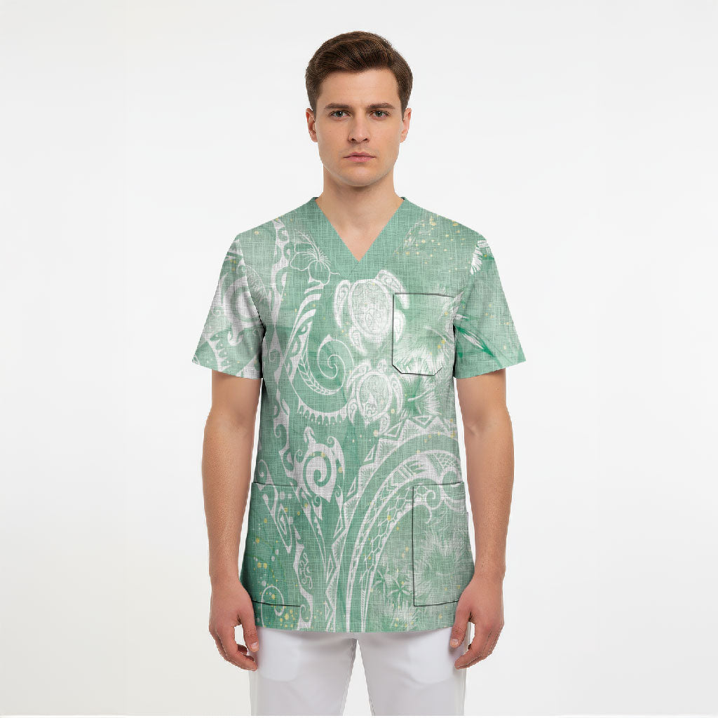 Aloha Hawaii Turtles Floral Scrub Top Seafoam Marbles Glaze