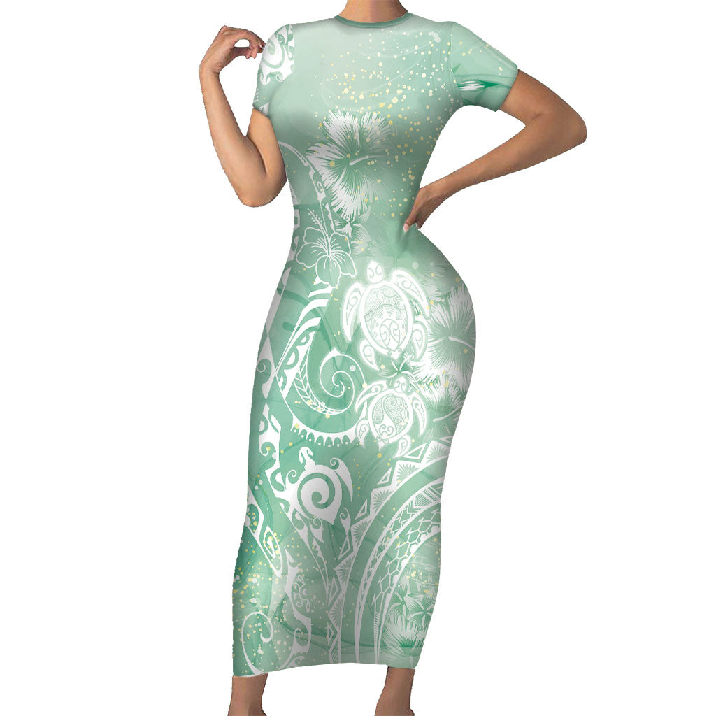 Aloha Hawaii Turtles Floral Short Sleeve Bodycon Dress Seafoam Marbles Glaze