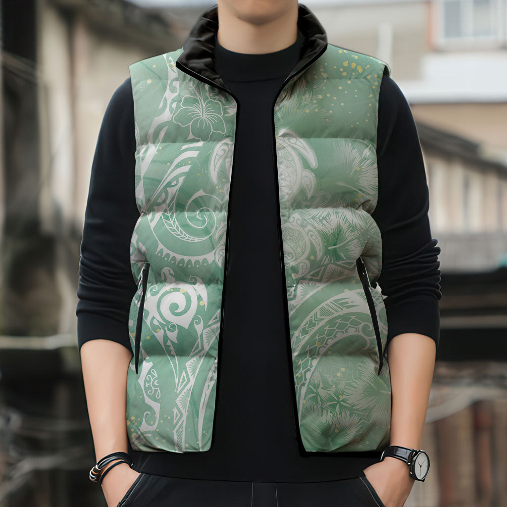 Aloha Hawaii Turtles Floral Sleeveless Puffer Jacket Seafoam Marbles Glaze