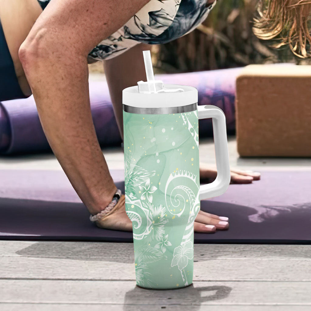 Aloha Hawaii Turtles Floral Tumbler With Handle Seafoam Marbles Glaze