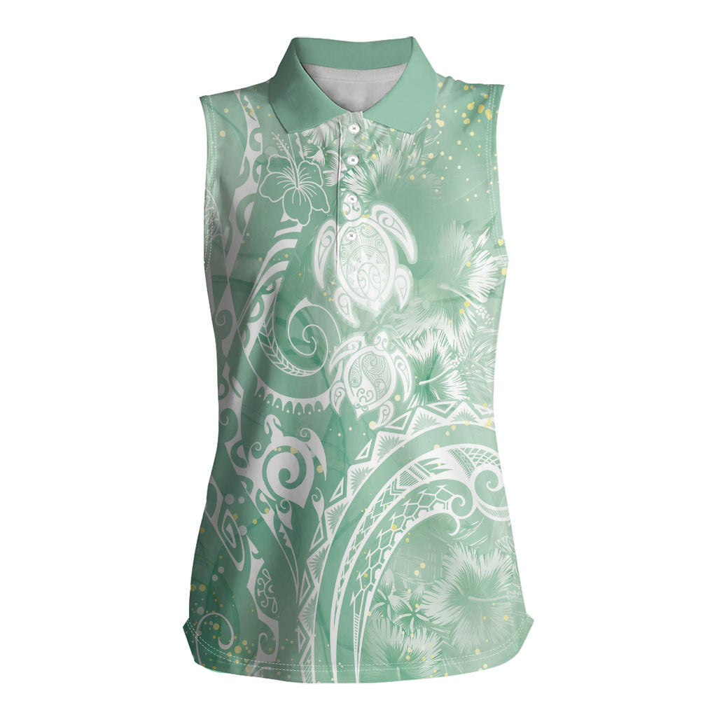 Aloha Hawaii Turtles Floral Women Sleeveless Polo Shirt Seafoam Marbles Glaze