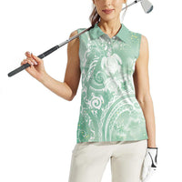 Aloha Hawaii Turtles Floral Women Sleeveless Polo Shirt Seafoam Marbles Glaze
