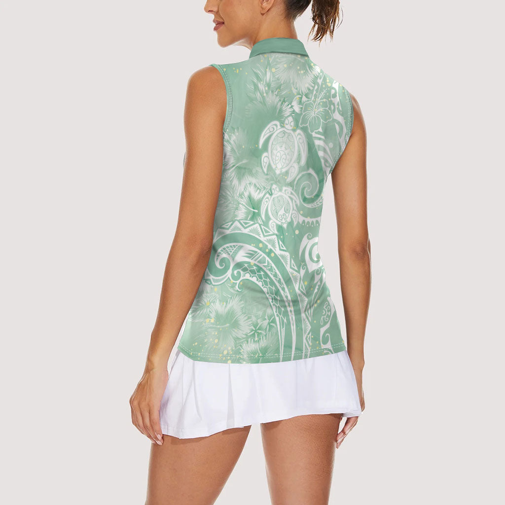 Aloha Hawaii Turtles Floral Women Sleeveless Polo Shirt Seafoam Marbles Glaze