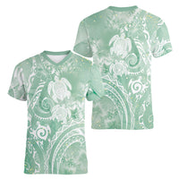 Aloha Hawaii Turtles Floral Women V-Neck T-Shirt Seafoam Marbles Glaze