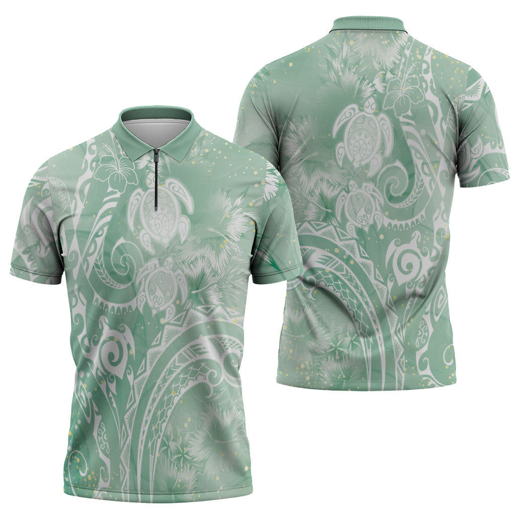 Aloha Hawaii Turtles Floral Zipper Polo Shirt Seafoam Marbles Glaze