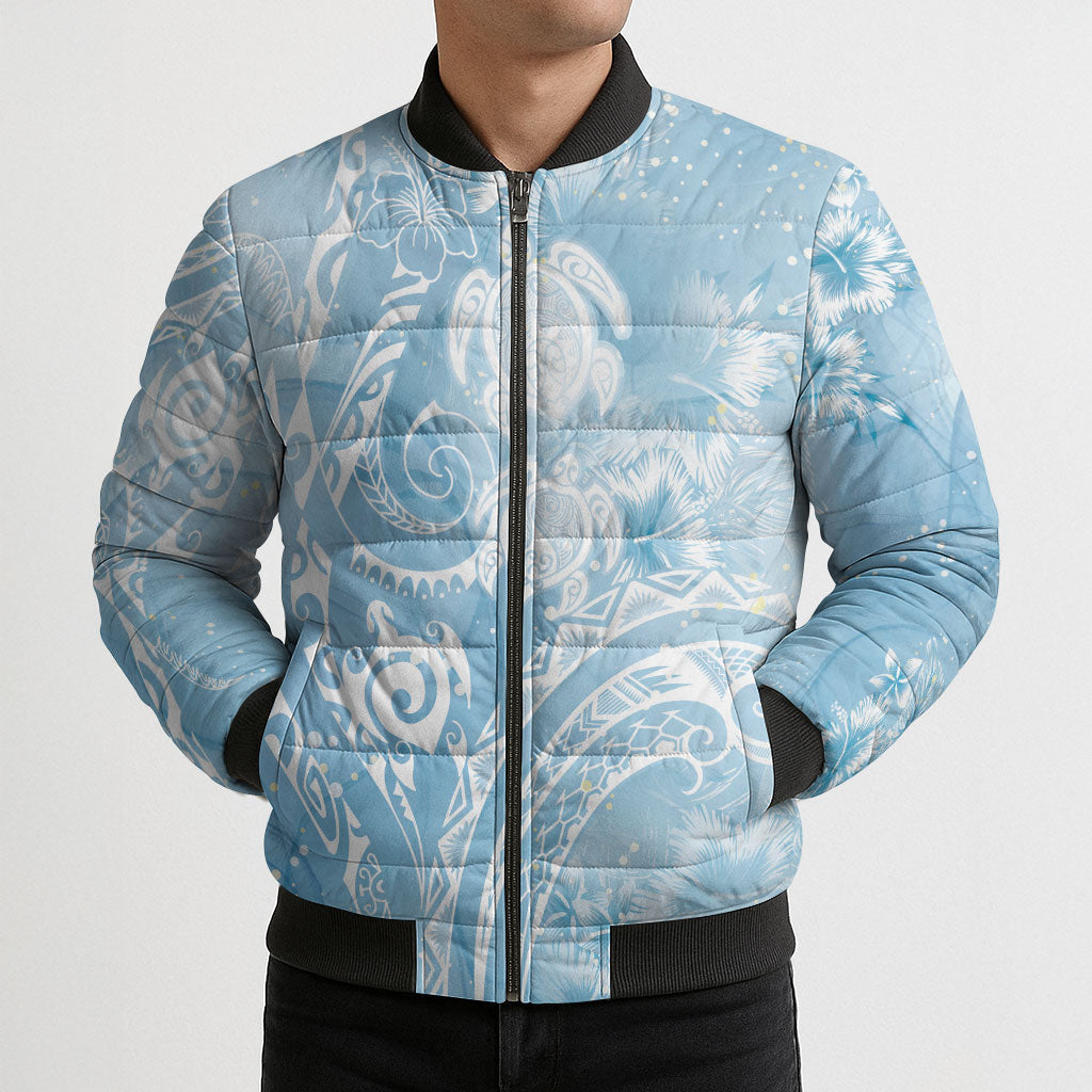 Aloha Hawaii Turtles Floral Bomber Puffer Jacket Aqua Marbles Glaze