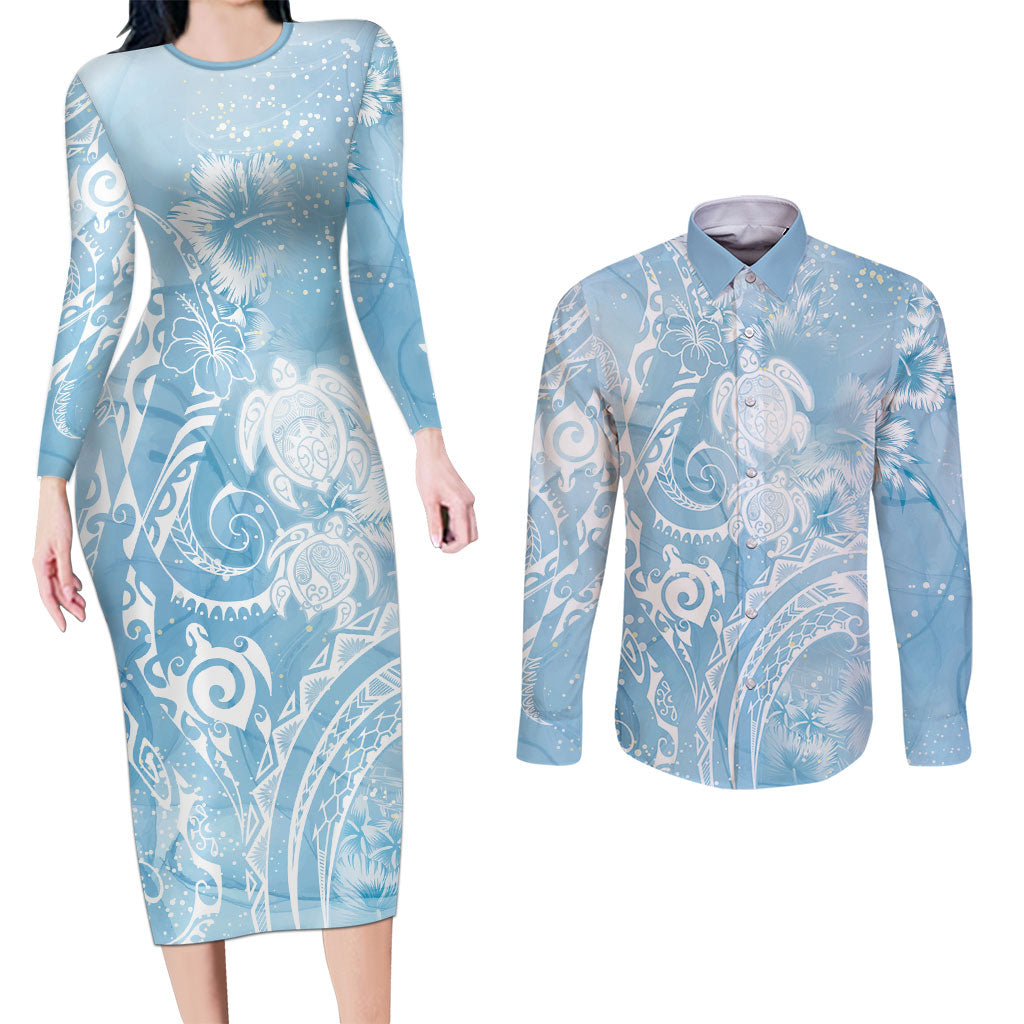 Aloha Hawaii Turtles Floral Couples Matching Long Sleeve Bodycon Dress and Long Sleeve Button Shirt Aqua Marbles Glaze LT7 Aqua - Polynesian Pride