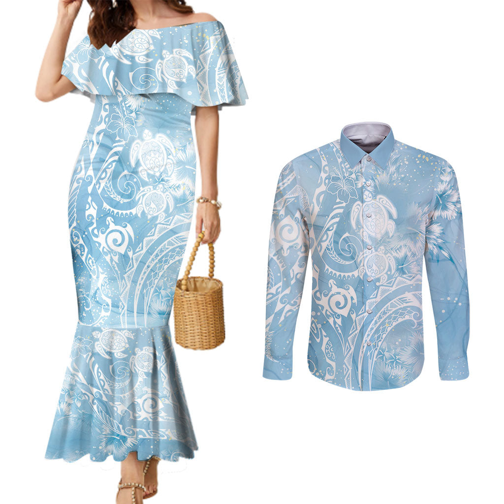Aloha Hawaii Turtles Floral Couples Matching Mermaid Dress and Long Sleeve Button Shirt Aqua Marbles Glaze