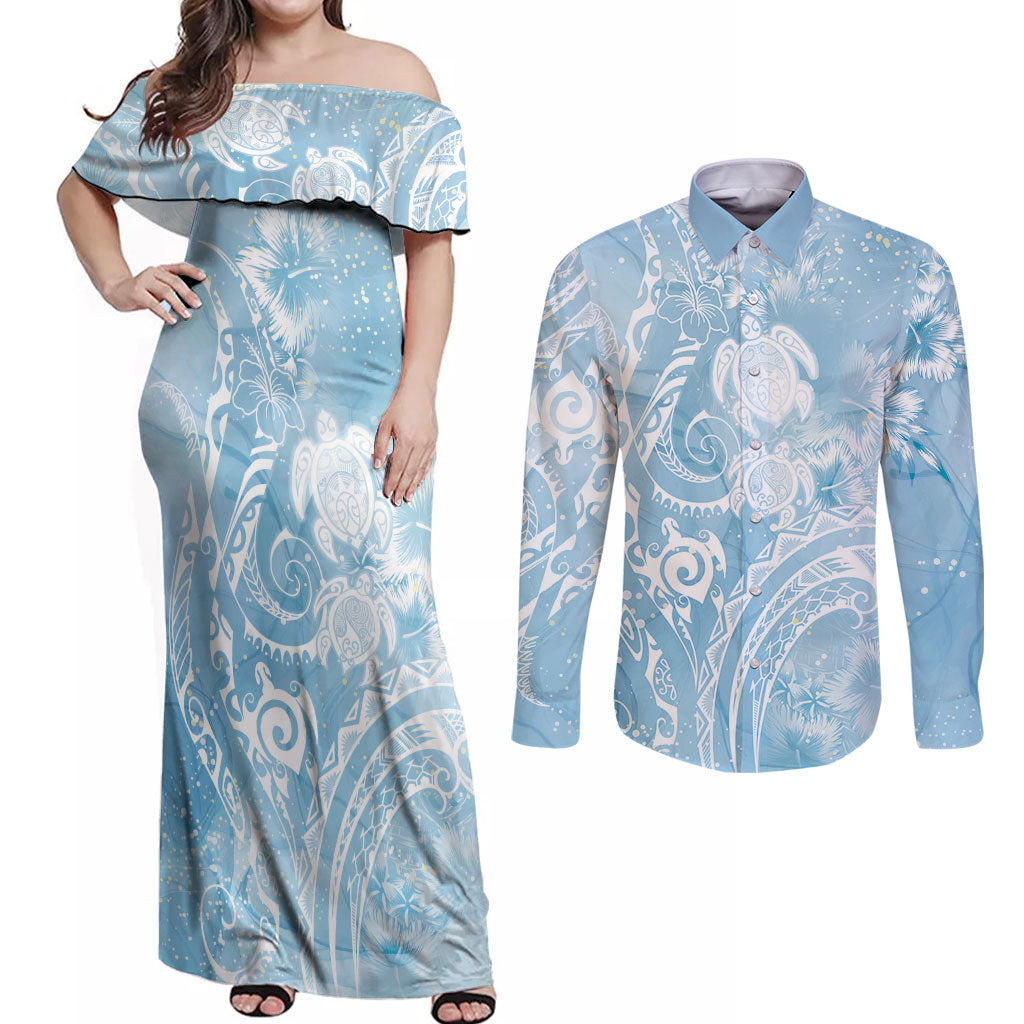 Aloha Hawaii Turtles Floral Couples Matching Off Shoulder Maxi Dress and Long Sleeve Button Shirt Aqua Marbles Glaze