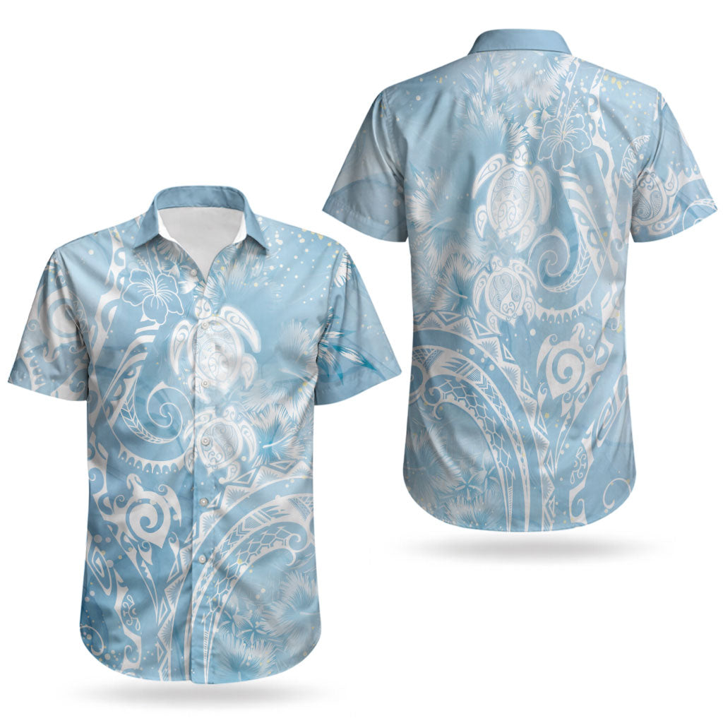 Aloha Hawaii Turtles Floral Couples Matching Off Shoulder Short Dress and Hawaiian Shirt Aqua Marbles Glaze LT7 - Polynesian Pride