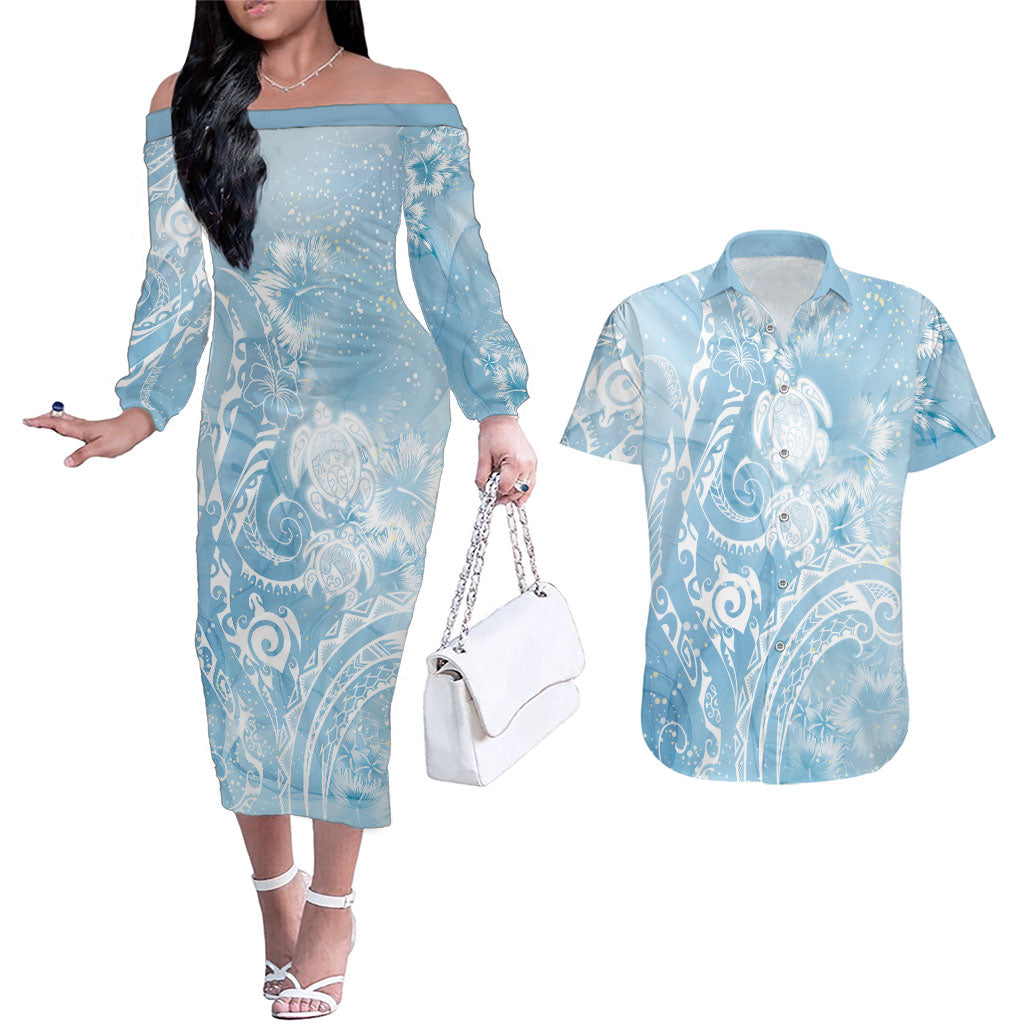 Aloha Hawaii Turtles Floral Couples Matching Off The Shoulder Long Sleeve Dress and Hawaiian Shirt Aqua Marbles Glaze