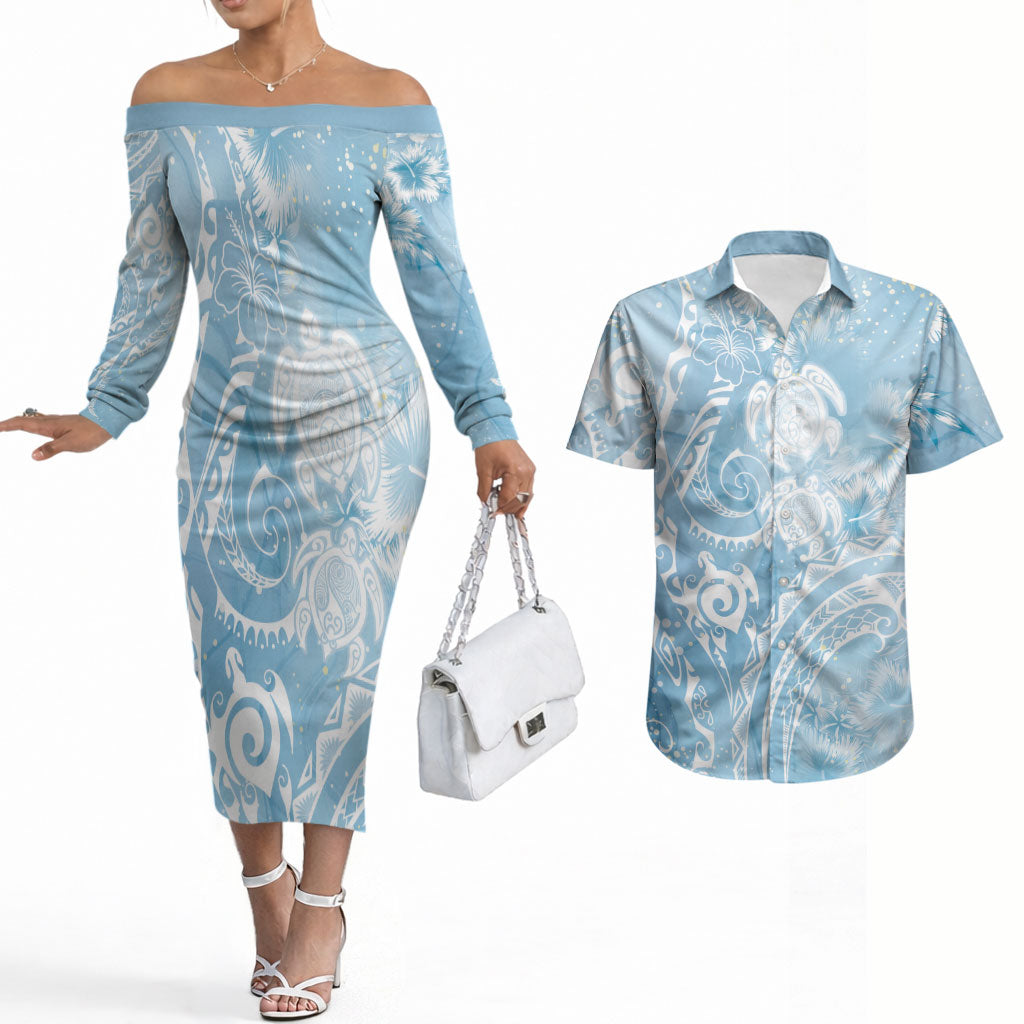 Aloha Hawaii Turtles Floral Couples Matching Off The Shoulder Long Sleeve Dress and Hawaiian Shirt Aqua Marbles Glaze LT7 Aqua - Polynesian Pride