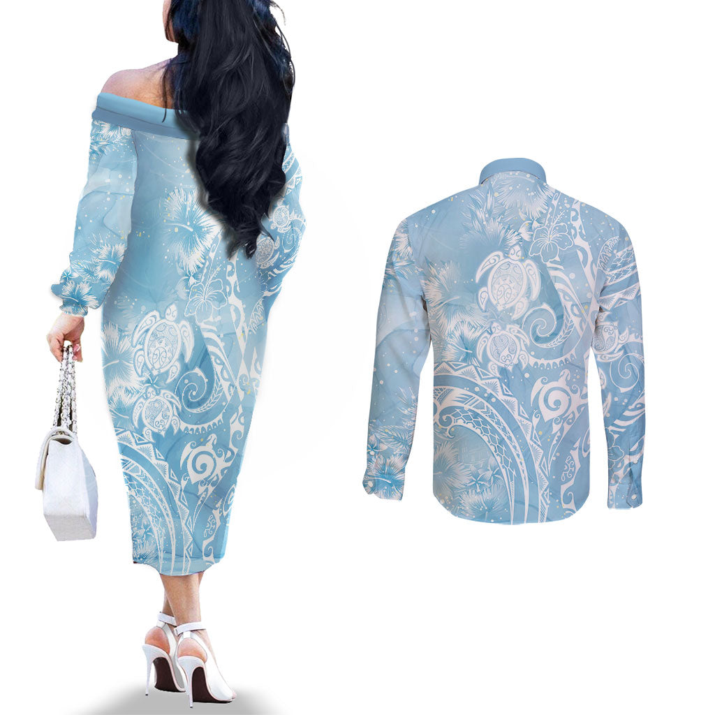 Aloha Hawaii Turtles Floral Couples Matching Off The Shoulder Long Sleeve Dress and Long Sleeve Button Shirt Aqua Marbles Glaze