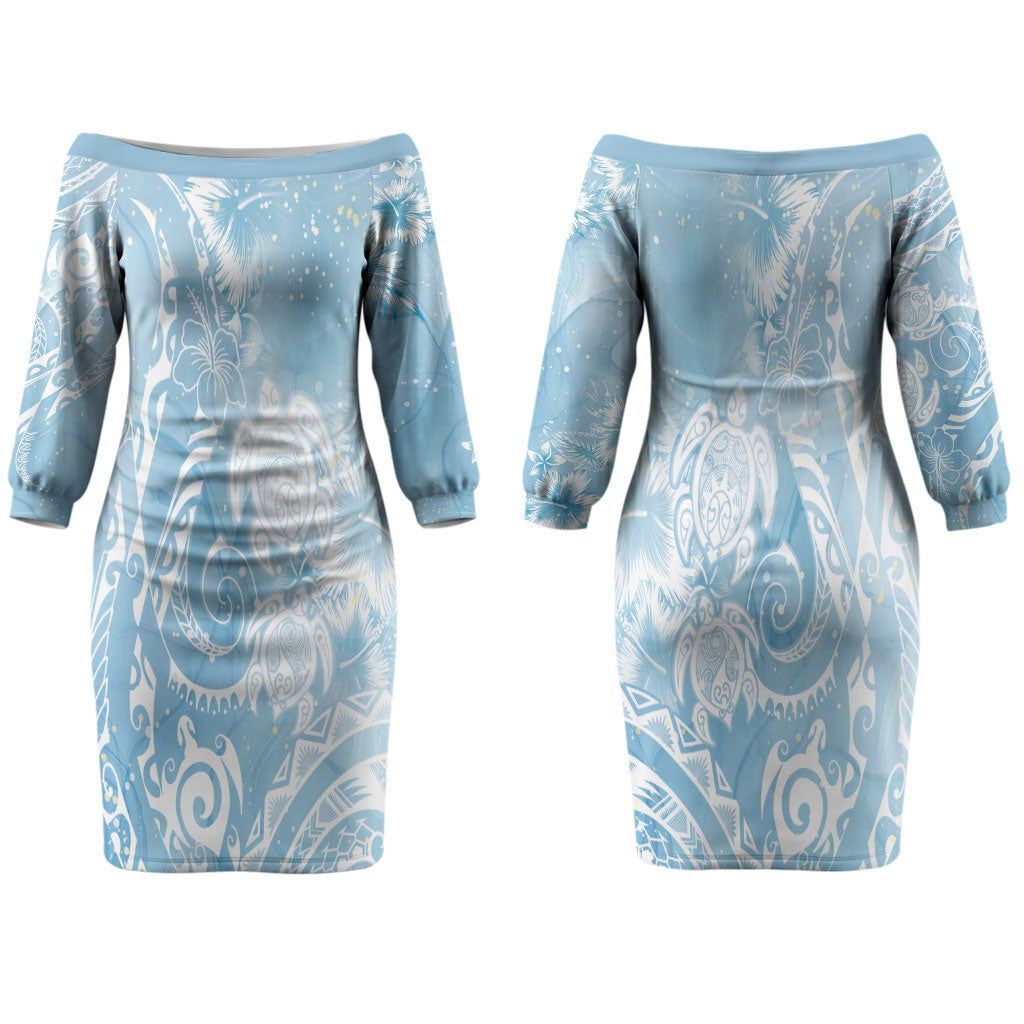 Aloha Hawaii Turtles Floral Couples Matching Off The Shoulder Long Sleeve Dress and Long Sleeve Button Shirt Aqua Marbles Glaze LT7 - Polynesian Pride