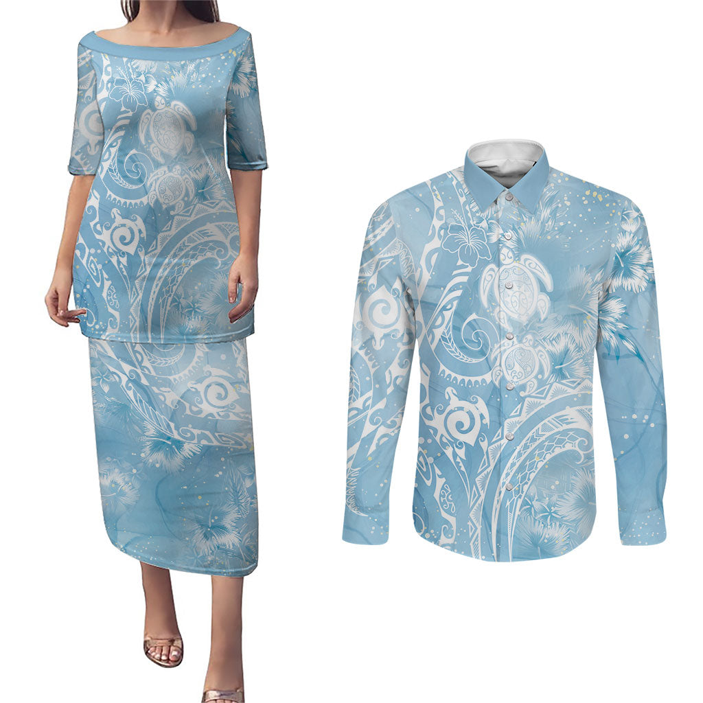 Aloha Hawaii Turtles Floral Couples Matching Puletasi and Long Sleeve Button Shirt Aqua Marbles Glaze LT7 Aqua - Polynesian Pride
