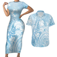 Aloha Hawaii Turtles Floral Couples Matching Short Sleeve Bodycon Dress and Hawaiian Shirt Aqua Marbles Glaze