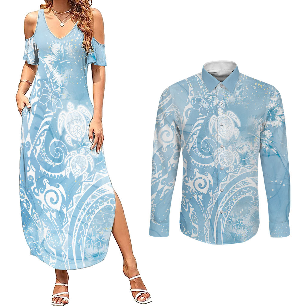Aloha Hawaii Turtles Floral Couples Matching Summer Maxi Dress and Long Sleeve Button Shirt Aqua Marbles Glaze LT7 Aqua - Polynesian Pride