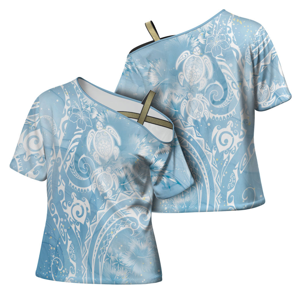 Aloha Hawaii Turtles Floral Cross Shoulder Shirt Aqua Marbles Glaze