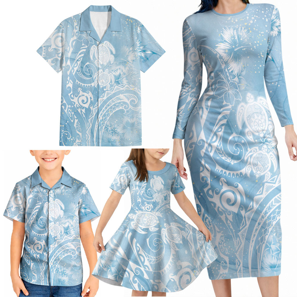 Aloha Hawaii Turtles Floral Family Matching Long Sleeve Bodycon Dress and Hawaiian Shirt Aqua Marbles Glaze LT7 - Polynesian Pride