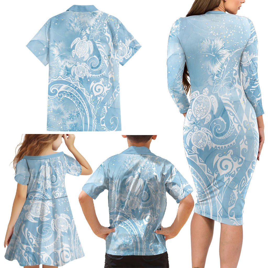 Aloha Hawaii Turtles Floral Family Matching Long Sleeve Bodycon Dress and Hawaiian Shirt Aqua Marbles Glaze