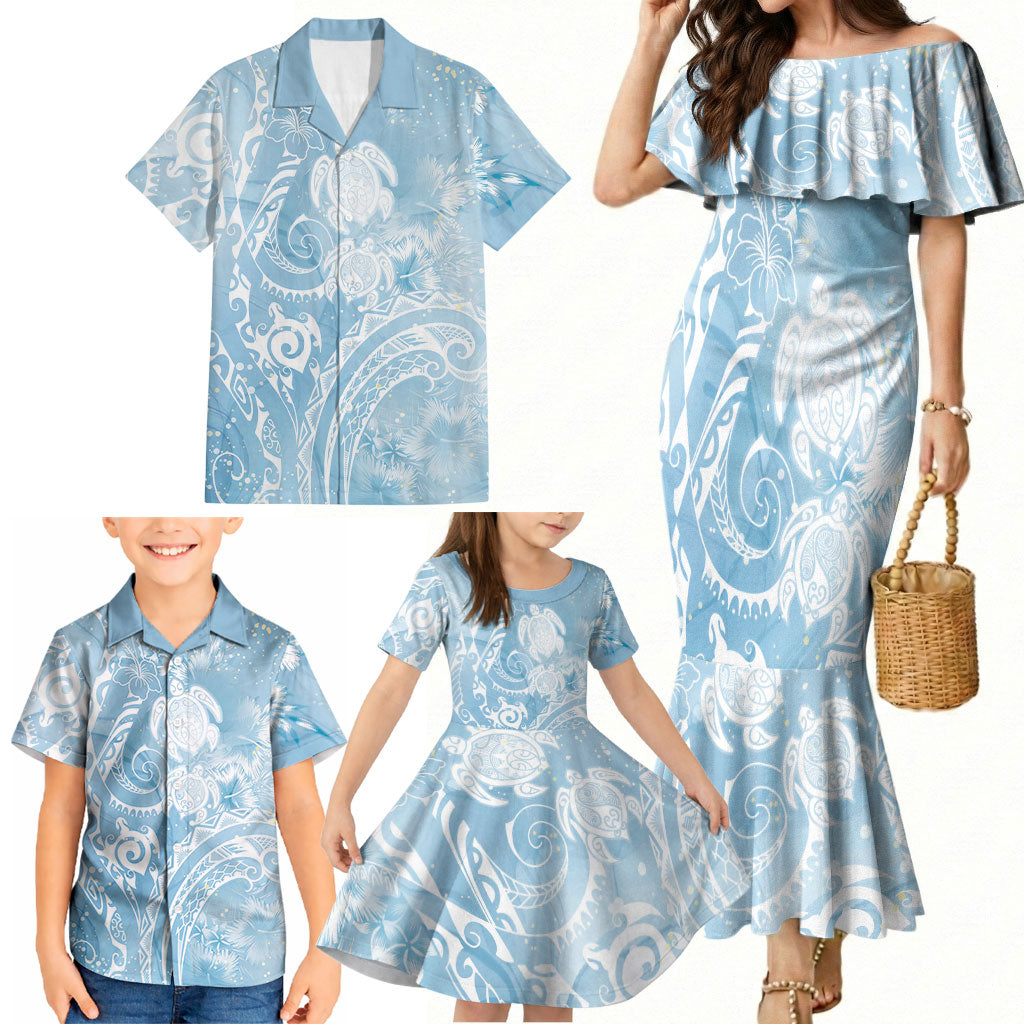 Aloha Hawaii Turtles Floral Family Matching Mermaid Dress and Hawaiian Shirt Aqua Marbles Glaze LT7 - Polynesian Pride
