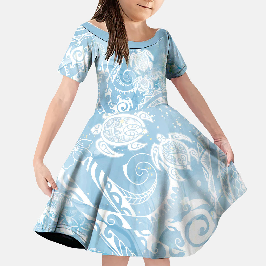 Aloha Hawaii Turtles Floral Family Matching Off The Shoulder Long Sleeve Dress and Hawaiian Shirt Aqua Marbles Glaze