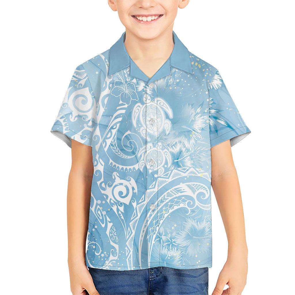 Aloha Hawaii Turtles Floral Family Matching Off The Shoulder Long Sleeve Dress and Hawaiian Shirt Aqua Marbles Glaze