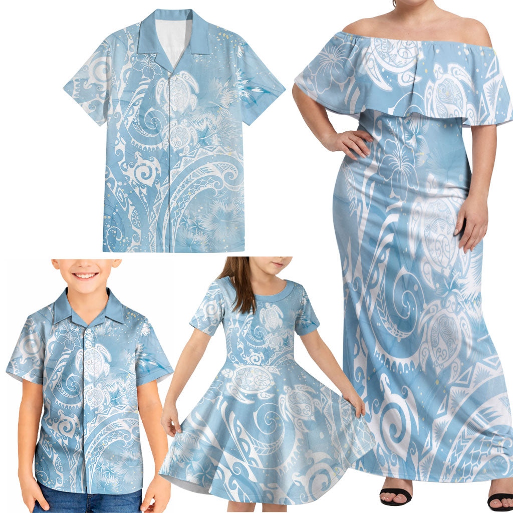 Aloha Hawaii Turtles Floral Family Matching Off Shoulder Maxi Dress and Hawaiian Shirt Aqua Marbles Glaze LT7 - Polynesian Pride