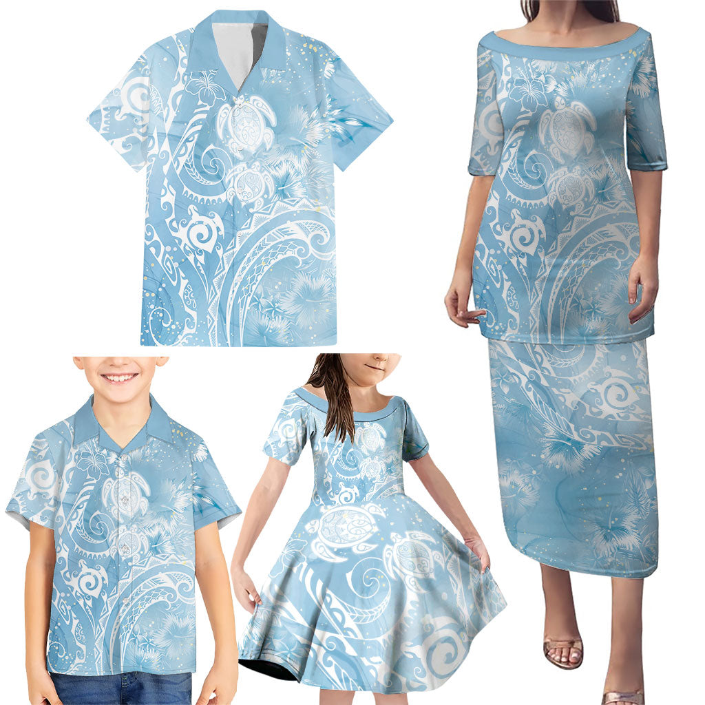 Aloha Hawaii Turtles Floral Family Matching Puletasi and Hawaiian Shirt Aqua Marbles Glaze