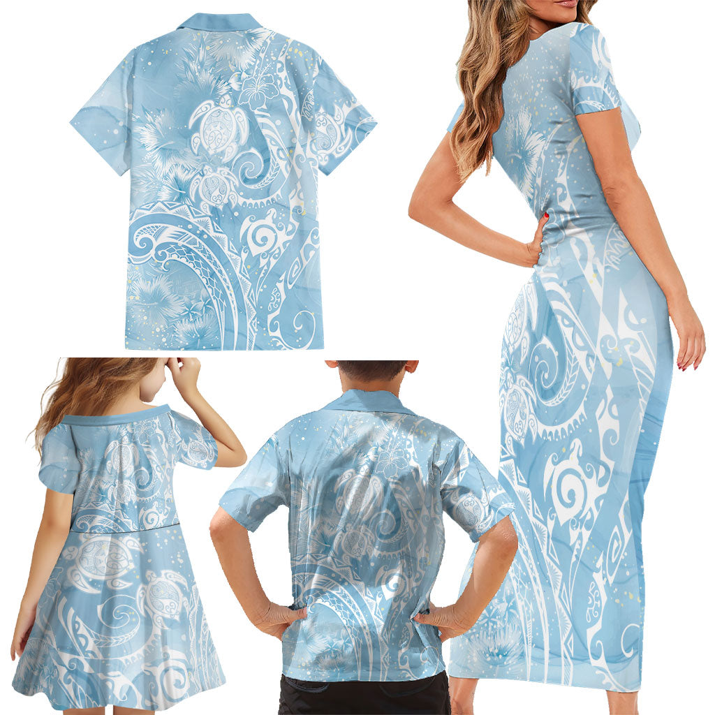 Aloha Hawaii Turtles Floral Family Matching Short Sleeve Bodycon Dress and Hawaiian Shirt Aqua Marbles Glaze