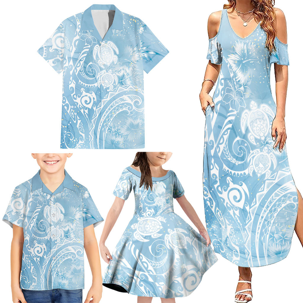 Aloha Hawaii Turtles Floral Family Matching Summer Maxi Dress and Hawaiian Shirt Aqua Marbles Glaze