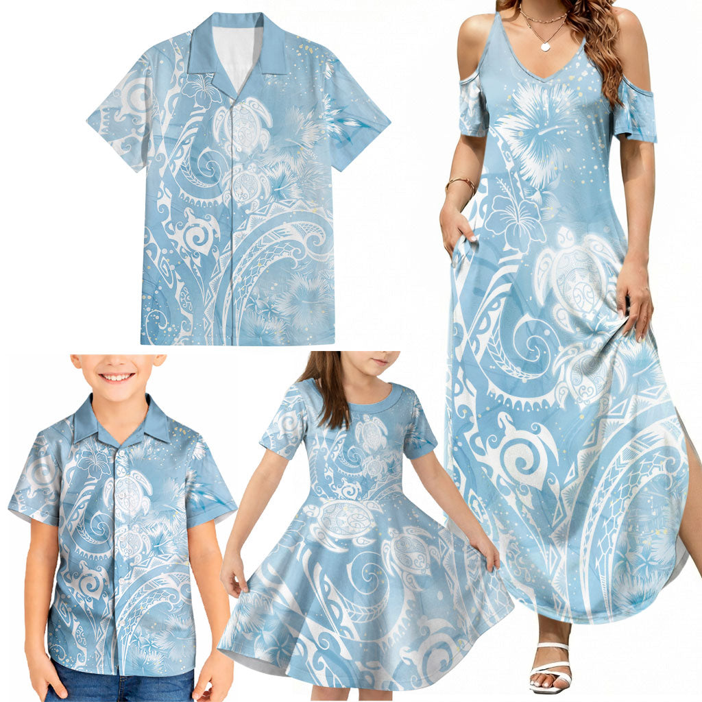 Aloha Hawaii Turtles Floral Family Matching Summer Maxi Dress and Hawaiian Shirt Aqua Marbles Glaze LT7 - Polynesian Pride