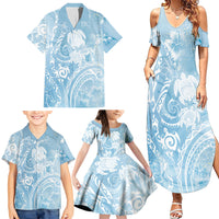 Aloha Hawaii Turtles Floral Family Matching Summer Maxi Dress and Hawaiian Shirt Aqua Marbles Glaze