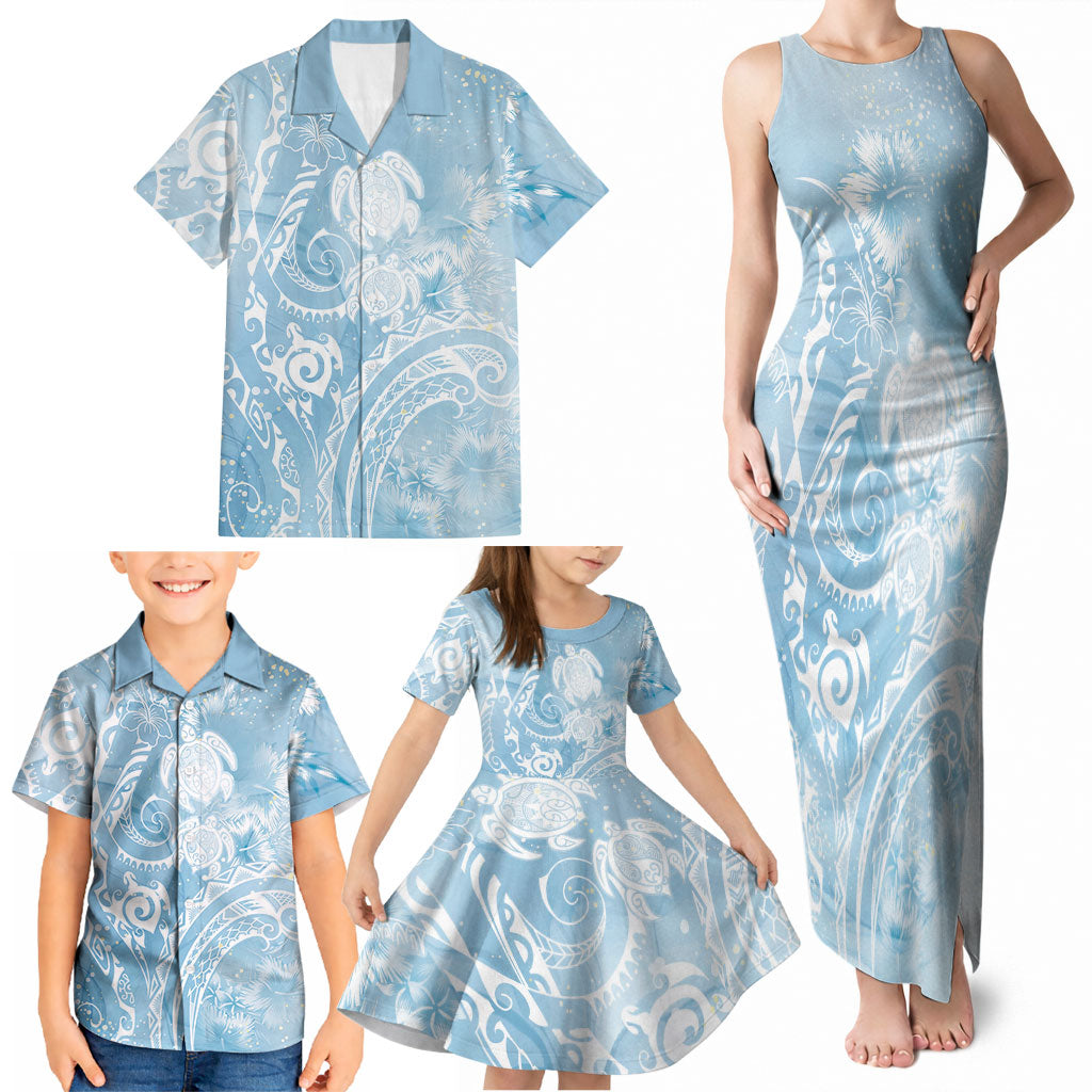 Aloha Hawaii Turtles Floral Family Matching Tank Maxi Dress and Hawaiian Shirt Aqua Marbles Glaze LT7 - Polynesian Pride