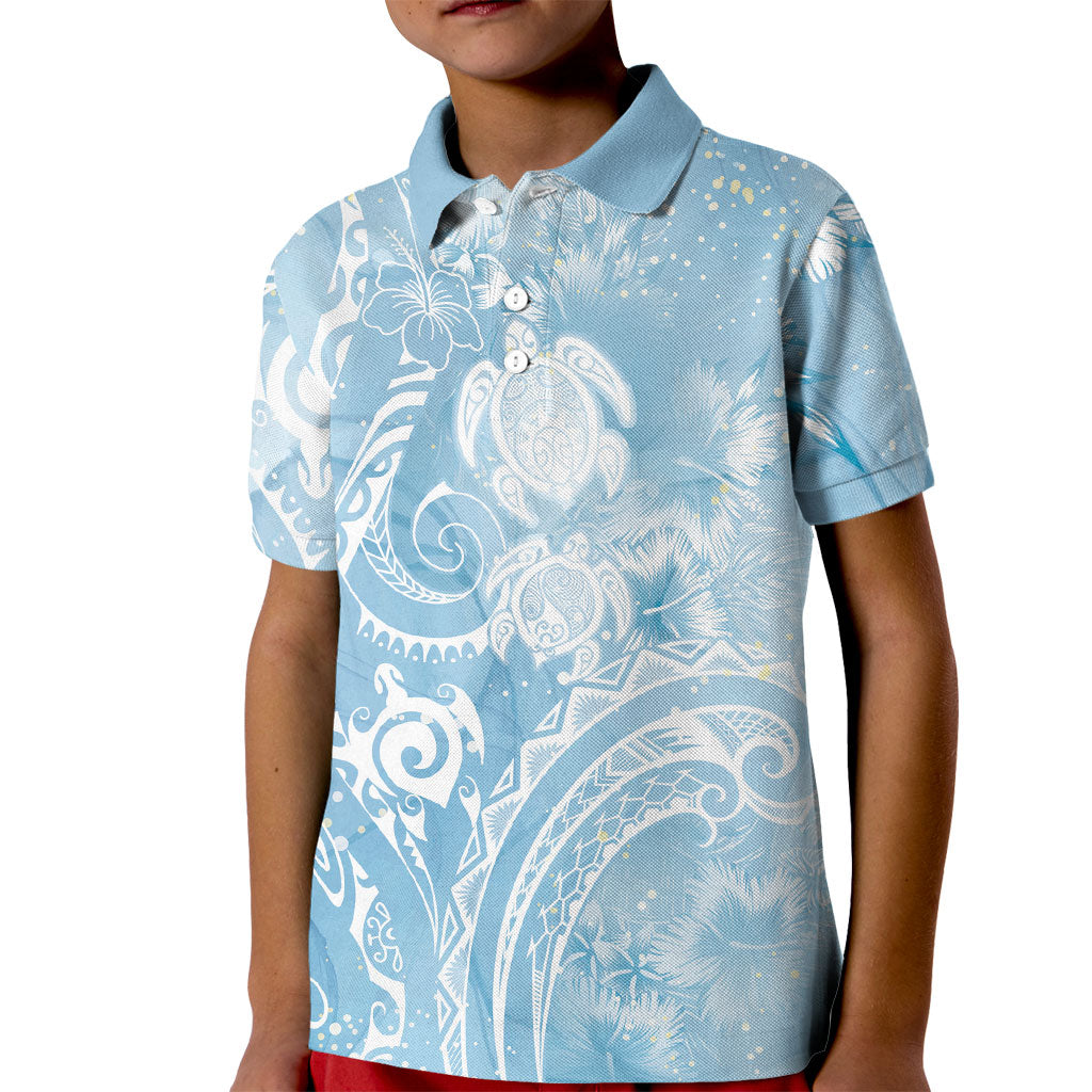 Aloha Hawaii Turtles Floral Kid Polo Shirt Aqua Marbles Glaze