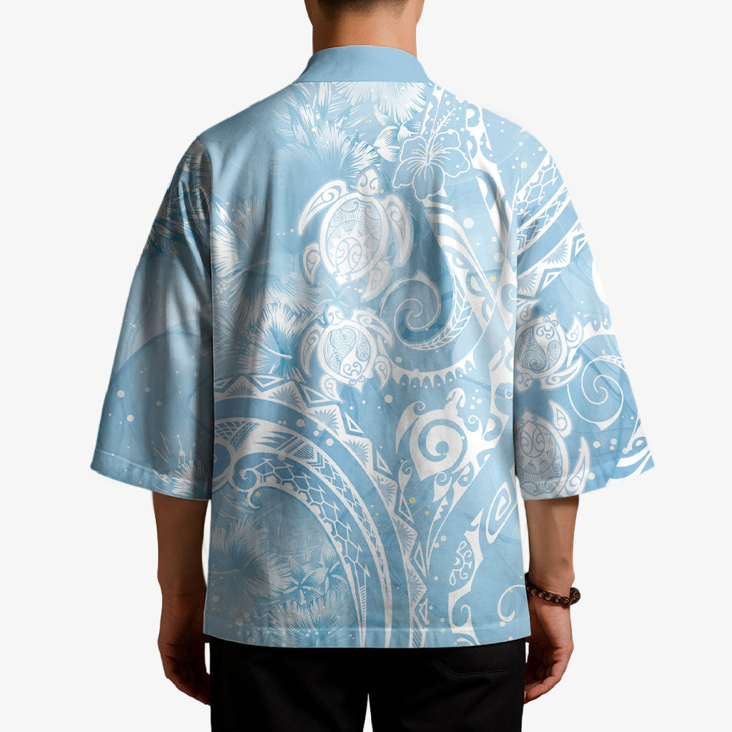 Aloha Hawaii Turtles Floral Kimono Aqua Marbles Glaze