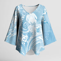 Aloha Hawaii Turtles Floral Kimono Sleeve Blouse Aqua Marbles Glaze