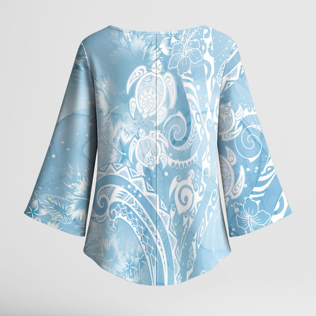 Aloha Hawaii Turtles Floral Kimono Sleeve Blouse Aqua Marbles Glaze