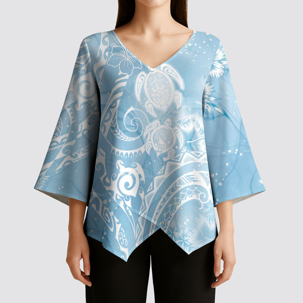 Aloha Hawaii Turtles Floral Kimono Sleeve Blouse Aqua Marbles Glaze